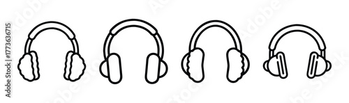 Simple line art style headphones collection four over ear audio listening devices icon set