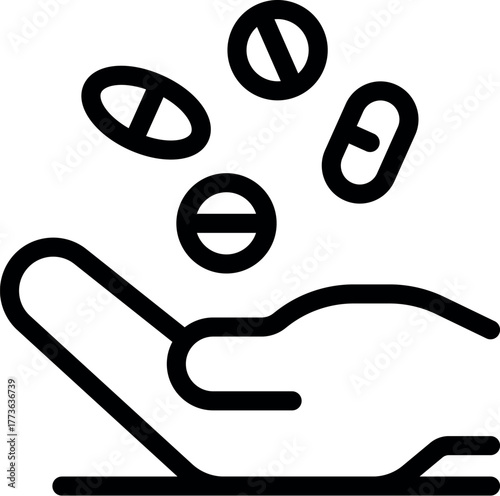 Open hand catching falling pills and capsules, representing medicine, healthcare, and pharmaceutical industry