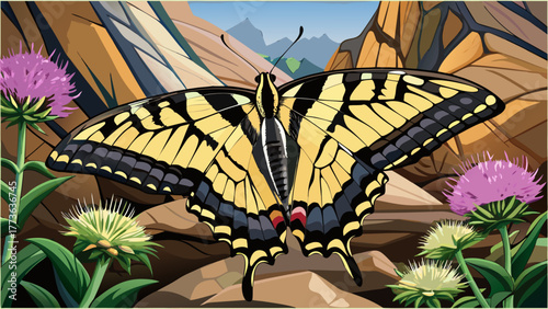 Very beautiful close-up of an Eastern tiger swallowtail butterfly perched on a prairie blazing star flower at Rock Cave Nature Preserve, Illinois, USA, highlighting vibrant wing patterns and colorful 