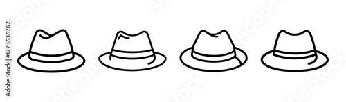 Collection of four textured fedora hats in a row simple line art style