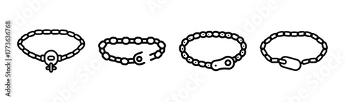 Four distinct styles of charm bracelets and bead strands displayed in a line