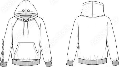 Unisex hoodie sweatshirt technical sketch, front and back view, kangaroo pocket pullover, fashion apparel design, cad drawing flat vector illustration