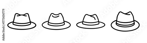 Four classic fedora hats lined up simple line art style collection