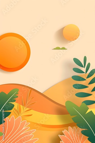 Vibrant paper cut illustration featuring rolling hills, lush green foliage, and two bright suns against a warm pastel background, creating a serene and inviting landscape scene