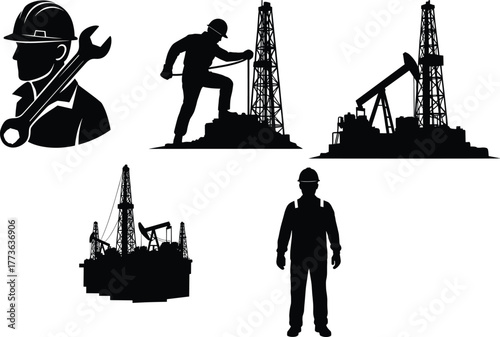 Oil industry worker silhouette, drilling rig, pump jack, oil field, petroleum extraction, energy production, industrial labor