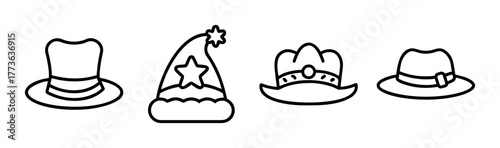 Four diverse hat styles collection line art graphics including top hat fedora cowboy hat and party hat