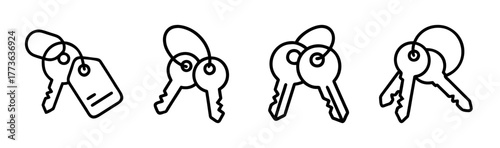 Set of various hand drawn keychains with keys and a luggage tag graphic elements