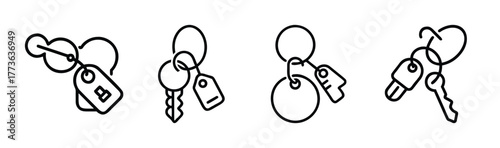 Set of four sketchy keychains with keys and tags on a plain background