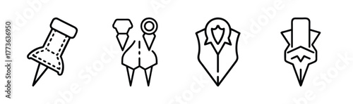 Set of four hand drawn pin icons featuring thumb tacks and clothing fasteners