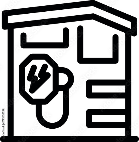 Electrical transformer station supplying electricity with prominent high voltage warning sign, emphasizing safety and power distribution