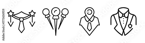 Set of four clothing accessory icons including tie pin badges and suit blazer emblem