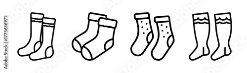 Collection of various styles of socks and leg warmers in a simple line art drawing