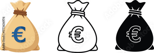 Three euro money bags in color, outline and silhouette illustration