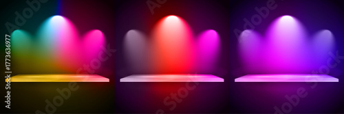 Three vibrant spotlights illuminate abstract stages with colorful beams of light in a dark background Realistic spotlight set