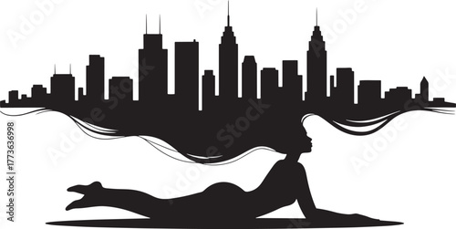 Silhouette Woman Yoga Position Cityscape Backdrop Harmony Urban Exercise Wellness Art