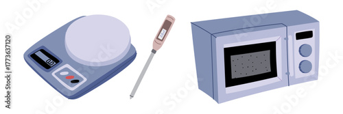 Flat color set of soap-making tools. Digital kitchen scales, thermometer, and microwave. Color illustration suitable for creating cooking instructions and DIY projects or web design elements