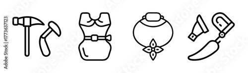Collection of four icons hammer necklace armor shoe accessories symbols
