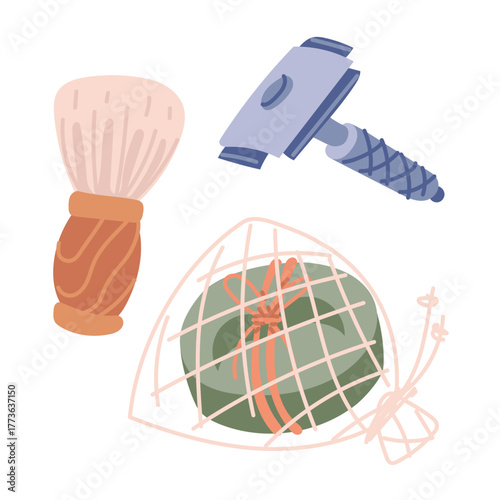 Flat color set of zero waste shaving products. Safe iron razor, shaving brush and natural soap with a mustache pattern in a mesh bag. Perfect for an eco-friendly lifestyle