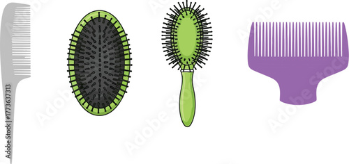 Assorted hair brushes and combs in various colors isolated on white