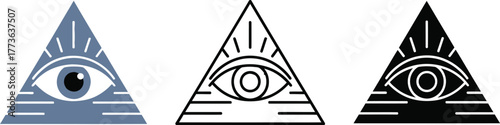 Three all seeing eye pyramids in different styles on a white background