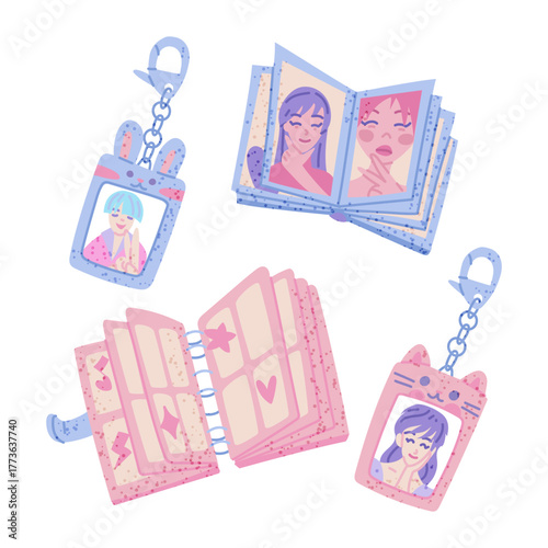 set of flat color photo cards, mini albums, and key fobs in the K-pop style. The Korean music industry. Stylish merchandise and accessories for fans, perfect for posters and digital art projects