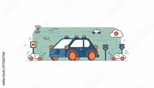 An autonomous vehicle equipped with sensors and cameras using IoT to navigate through traffic avoiding obstacles and communicating with other vehicles.