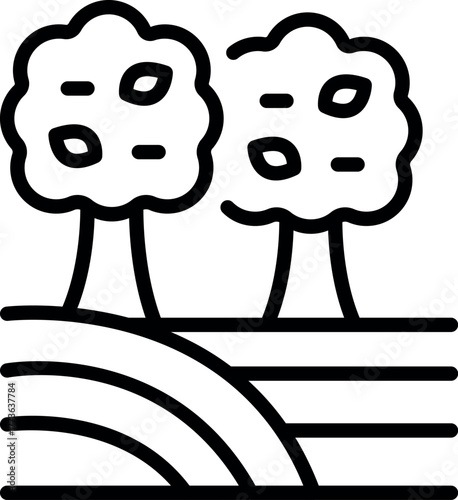 Line drawing of a cultivated field with two trees and falling leaves, representing the autumn season and agricultural practices