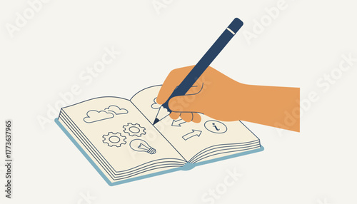 A closeup of a hand sketching ideas in a notebook symbolizing the initial stages of a freelance project.