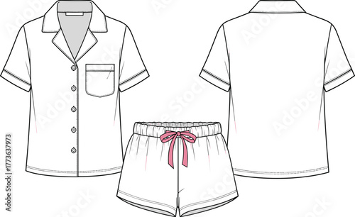 Women pajama short set flat sketch, button shirt with pocket and bow shorts sleepwear design, fashion technical drawing, cad drawing flat vector illustration