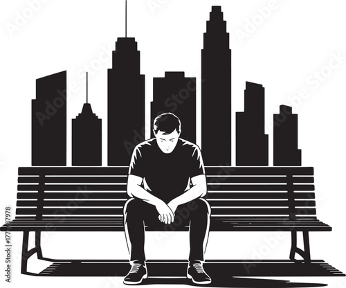 Vector of thoughtful man sitting on bench in city background illustration design