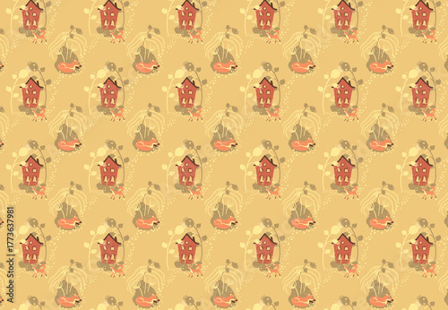 Seamless pattern with cute fox, house and flowers in muted yellow, brown and green