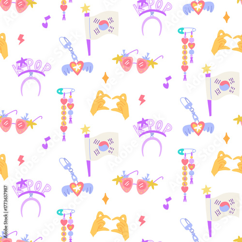 Seamless pattern with K-pop elements. Heart of fingers, bezel, Korean flag, keychain, glasses. Korean music industry. Colorful flat texture for souvenirs, backgrounds, textiles, packaging, and design.