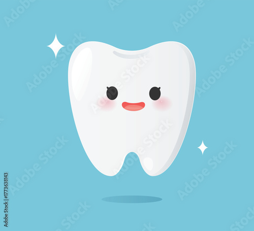 Clean teeth. Cute tooth character smiling with sparkle, symbolizing good dental health and hygiene. Strong teeth. Vector illustration