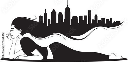 Woman Relaxing Cityscape Silhouette Relaxation Urban Calm Lifestyle Harmony Serenity Art