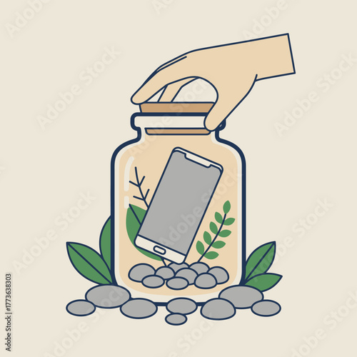 A closeup of a hand dropping a smartphone into a digital detox jar surrounded by natural elements like plants and rocks.