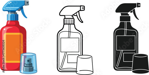 Three spray bottles in color line art and silhouette on white background