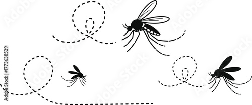 Illustration of mosquitoes flying with dotted lines on a white background
