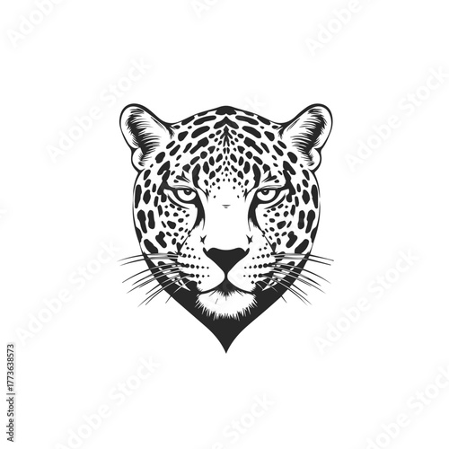 Fierce Leopard Face Black and White Illustration.