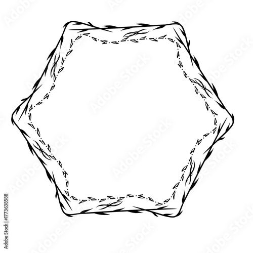 Hand-drawn decorative frame with bows and wavy lines in black outline on a white background. Vintage border element concept, greeting card design and elegant frame