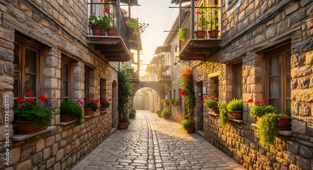 Fototapeta premium Alley of a traditional stone village in warm sunlight