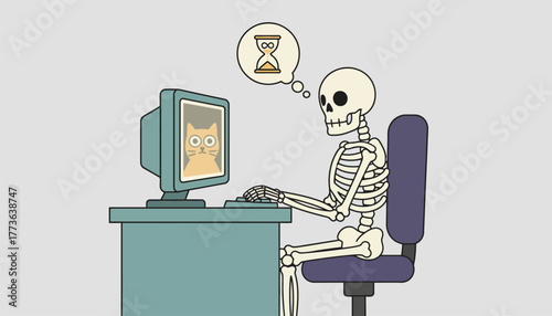 A skeleton sitting at a computer desk illustrating the notion of waiting forever for a oncepopular meme to make a comeback.