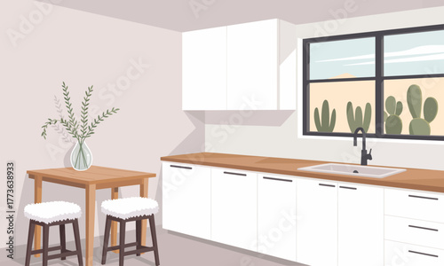 This image presents a sunny contemporary kitchen, featuring a minimalist design aesthetic, natural light, and green elements like cacti, embodying functionality and warmth.