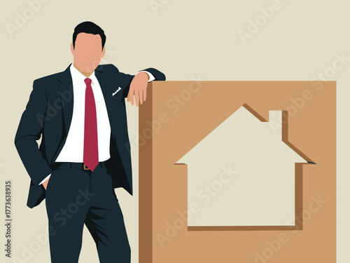 A modern illustration of a well-dressed man leaning against a large box with a house cutout, symbolizing real estate, professionalism, and the homebuying journey.