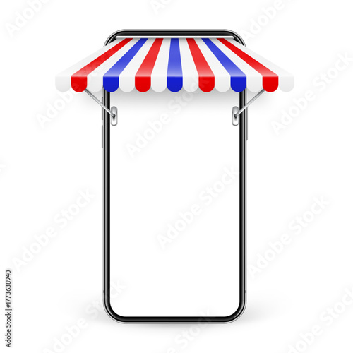 Smartphone with shop sunshade, metal mount, online internet shopping. Realistic striped cafe awning. Outdoor market tent. Roof canopy in French flag colors. Summer street store. Vector illustration
