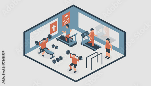A dynamic isometric gym environment with fitness enthusiasts using different workout equipment mirrors and motivational posters on the walls.