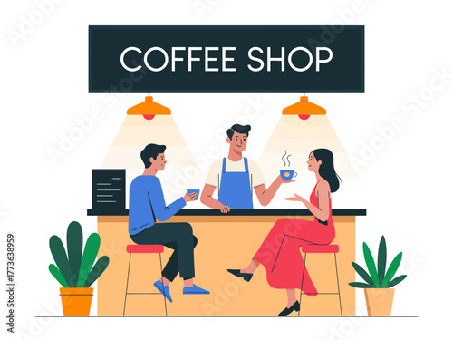 This vibrant illustration captures an engaging scene in a coffee shop, showing a barista serving drinks to customers, highlighting social connection and enjoyment.