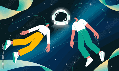 A captivating illustration of two astronauts floating in outer space, surrounded by stars, conveying themes of exploration, infinity, and the unknown in a universe of possibilities.
