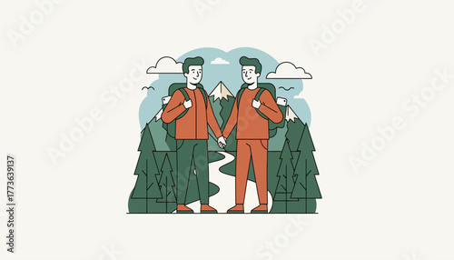 A hiking trail with a couple walking handinhand with their smartphones tucked away in a backpack fully engaged with their surroundings.