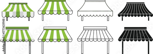 Find green striped awning vector illustration market stall set