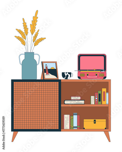 Mid-century wooden cabinet with eclectic decor 2D cartoon object. Retro sideboard with dried stalks in vase, books, suitcase turntable isolated element flat vector clip art on white. Spot illustration